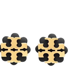 Tory Burch Logo, Flower Resin Stud, Black and Gold Floral Earrings, New